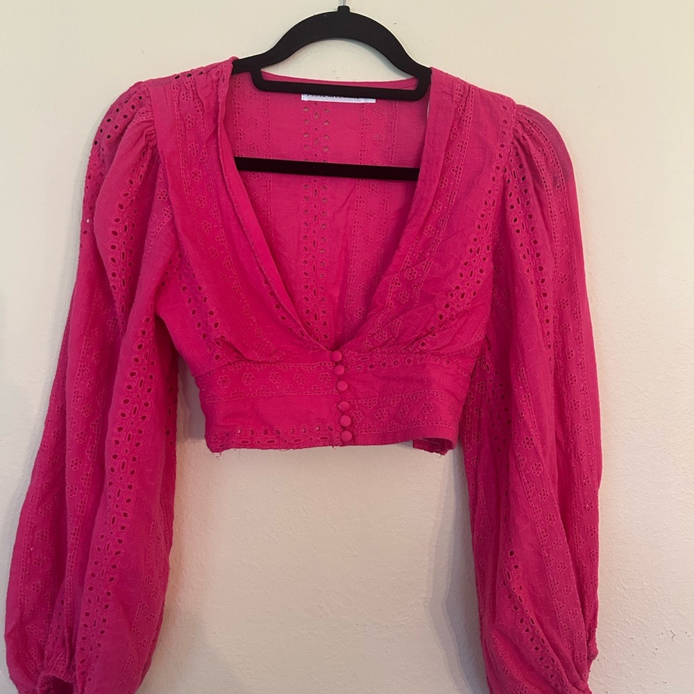Hello Molly Pink V-Neck Puff Sleeve Long Sleeve Crop Blouse